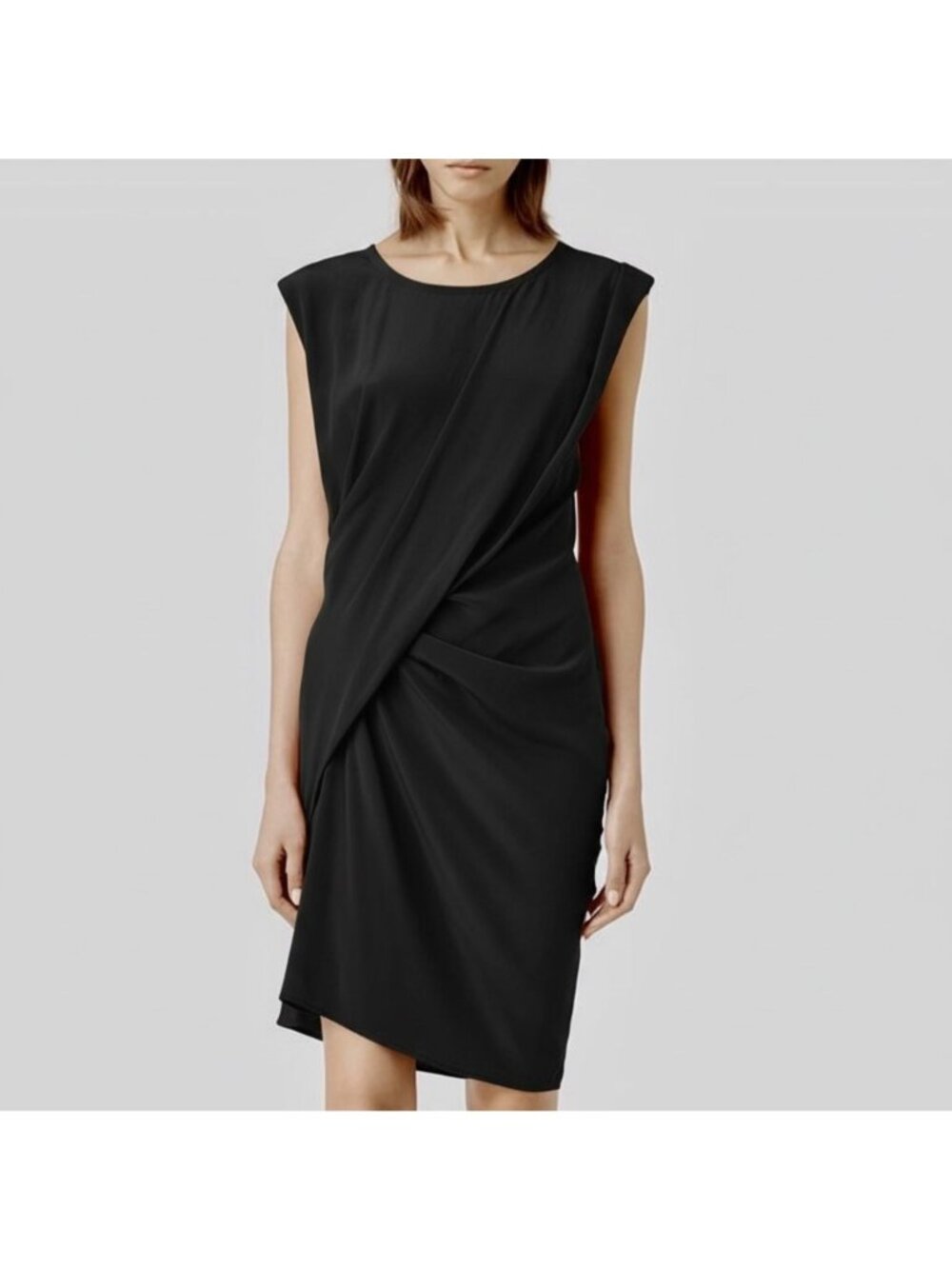 NWT All Saints Ayla SE Dress Silk Black Midi Sheath Asymmetric US 2